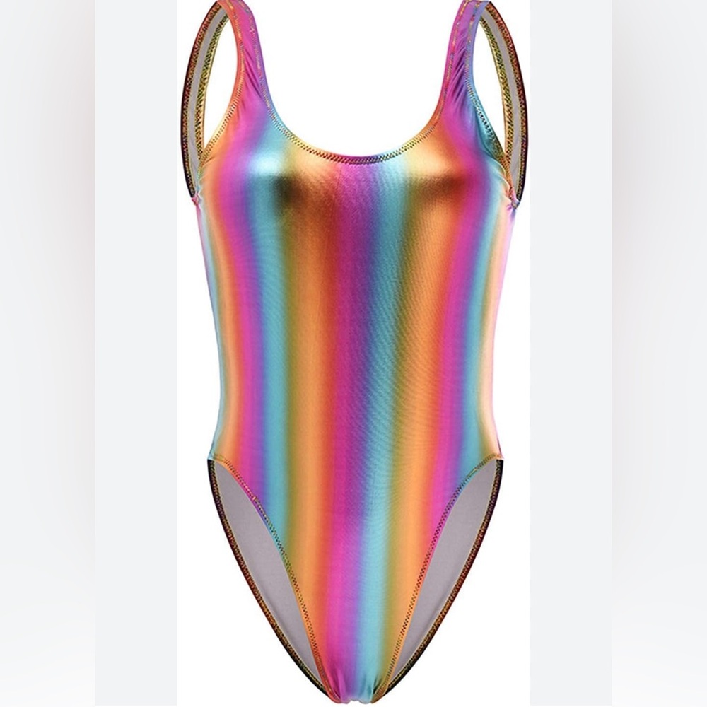 Retro-Multicolor Stripe One Piece Swimsuit NWT, Metallic Vertical Stripes